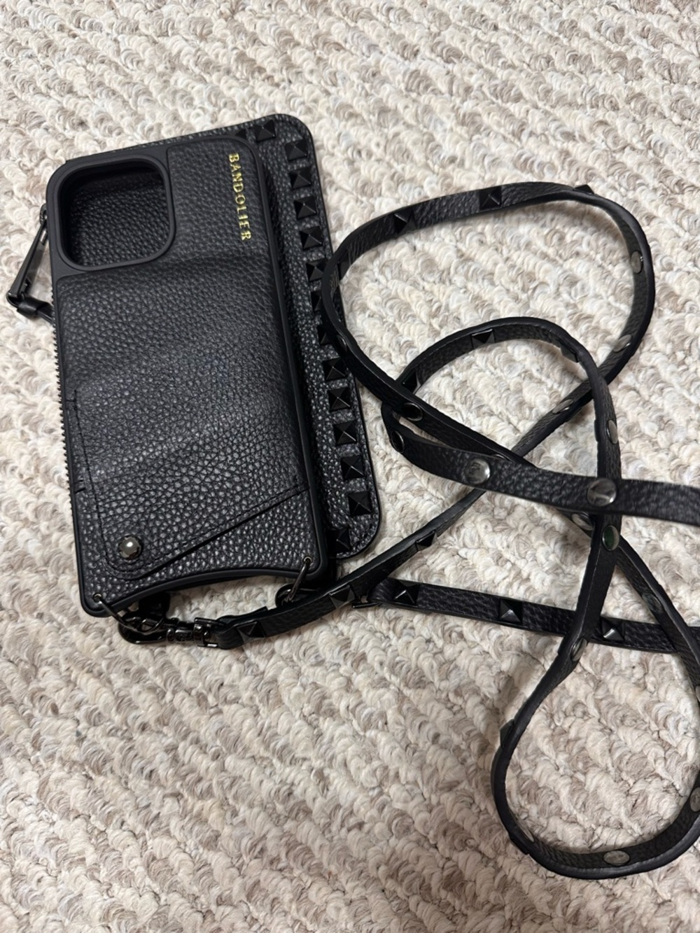 Bandolier Black Pebbled Leather Crossbody Phone Case with Studded Strap
